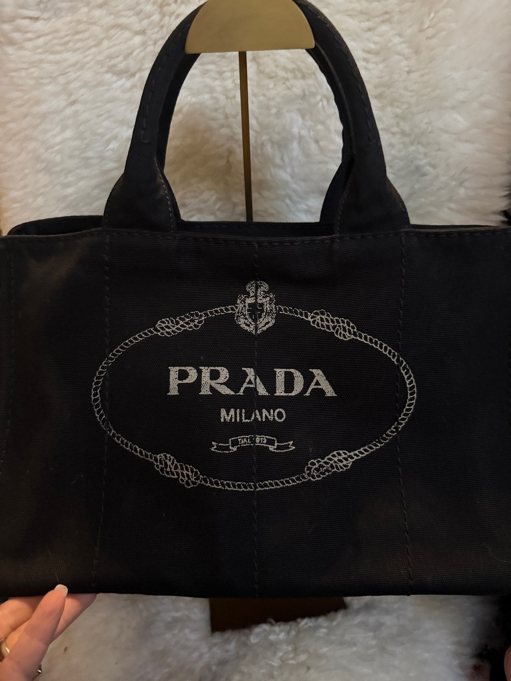 Prada Black Canapa Canvas Logo Tote with White Print Excellent Condition